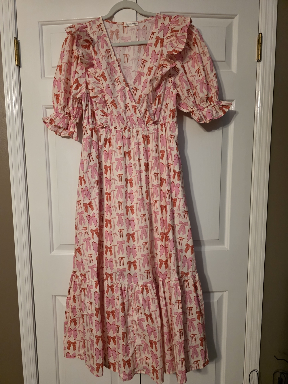 Carole Christian Bow-Print Pink Maxi Dress with Ruffle Trim NWOT SIZE LARGE